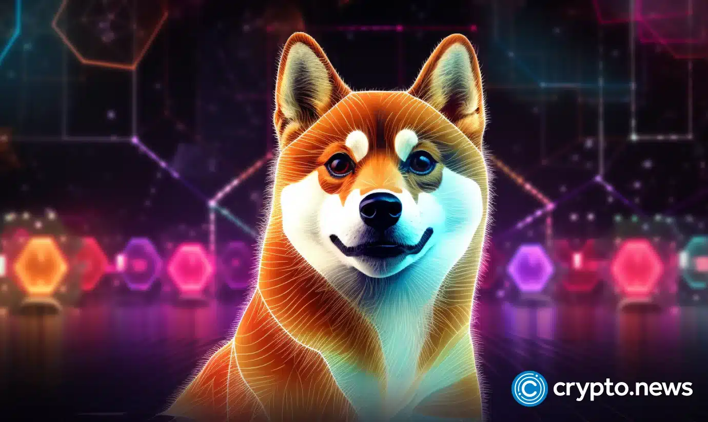 crypto news Shiba Inu front side view neon colors blockchain hologram coins background 1